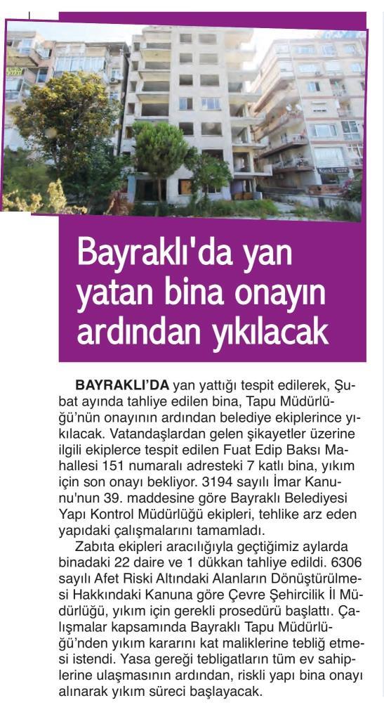 Bayraklı'da Yan Yatan Bina Onayın Ardından Yıkılacak (9 Eylül)